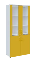 LE - 01 skříň lékařská prosklená, korpus bílá, dvířka žlutá odio